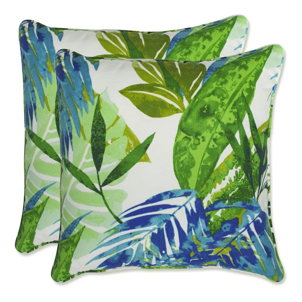 Soleil Blue and Green Floral Outdoor Square Throw Pillows, Set of 2