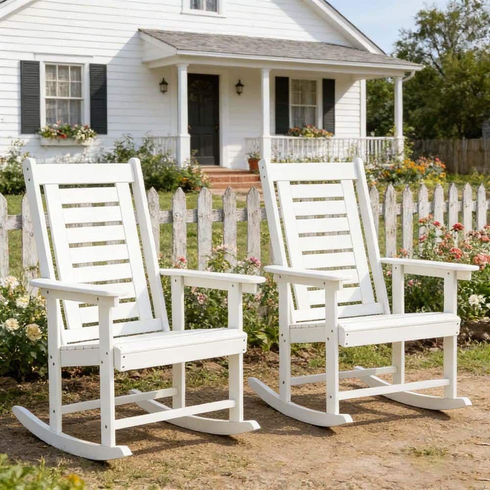 Sudzendf 2-Pieces White Plastic Outdoor Rocking Chair with Wide