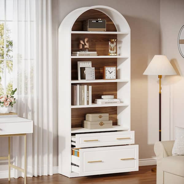 BYBLIGHT Atencio 2-Drawer White Engineered Wood 31 in. W Vertical File Cabinet for Letter Size, 5-Tier Bookshelf for Home Office