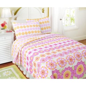 Bright Flower Power Floral Stripe 3-Piece Pink Yellow Green White Cotton Queen Quilt Bedding Set
