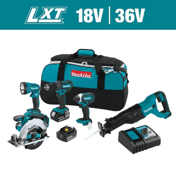 Makita 18V LXT Lithium-Ion Cordless Combo Kit (5-Tool) with (2) 3.0 Ah Batteries, Rapid Charger and Tool Bag