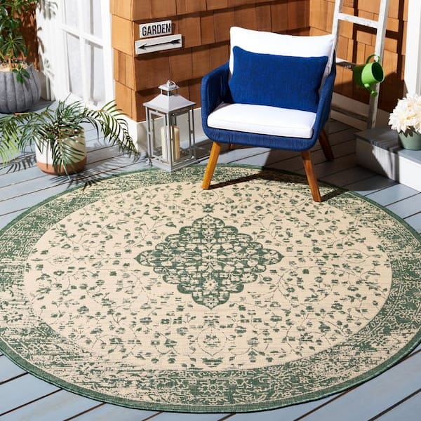 Courtyard Beige/Dark Green 7 ft. x 7 ft. Medallion Floral Border Indoor/Outdoor Round Area Rug