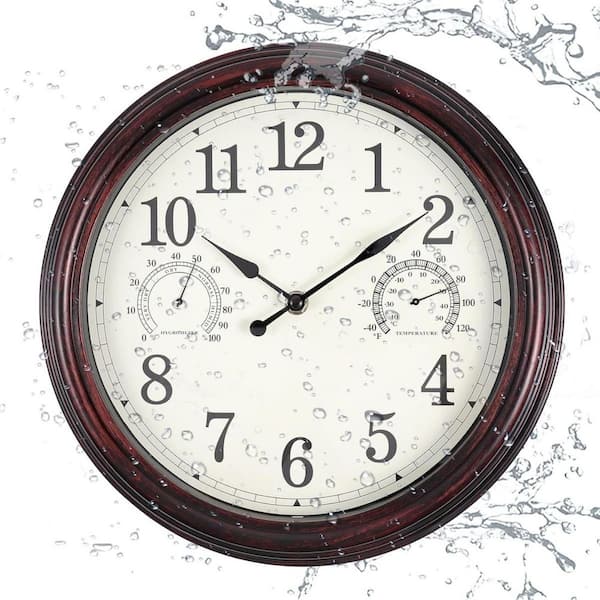12  in. Dark Brown Outdoor Wall Clock with Temperature and Humidity