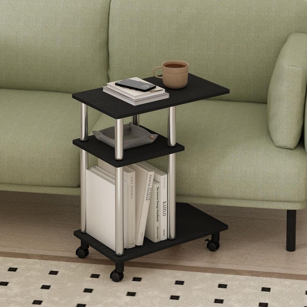 Tomi 19.69 in. Americano/Stainless Steel Wood C Shaped End Table with Wheels