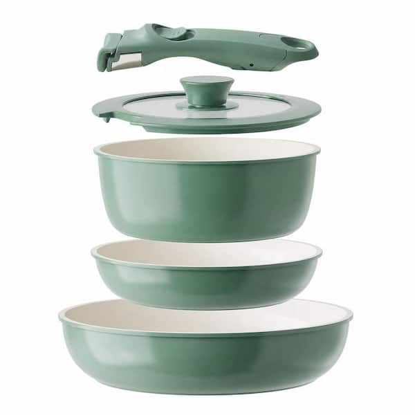 Green 5 Piece Ceramic Nonstick Cookware Set, Removable Handle Non Toxic Space Saving Kitchen Pots Pans Set
