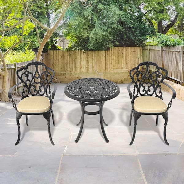 Lily Black 3-Piece Cast Aluminum Outdoor Dining Set with 26.77 in. Round Table and Dining Chairs with Cushion