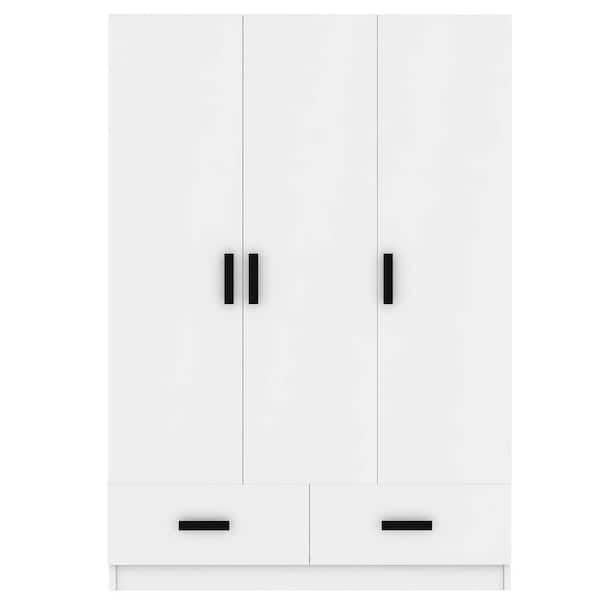 Nestfair 3-Door White Wood 47.2 in. Wardrobe Closet with 2-Drawers