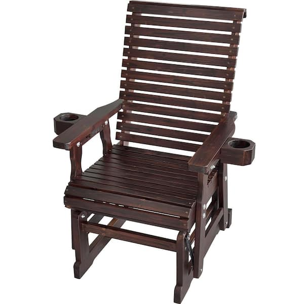 Solid Fir Wood Outdoor Glider with Cup Holders, Heavy Duty 600 lbs. Dark Brown