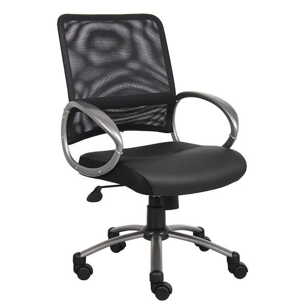 BOSS Office Products Black Mesh Vinyl Seat Task Chair with Pewter Finish Arms and Base