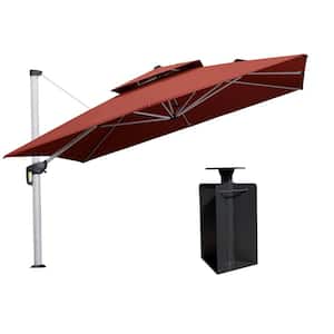 12 ft. Square High-Quality Aluminum Cantilever Polyester Outdoor Patio Umbrella with Base in Ground, Brick Red