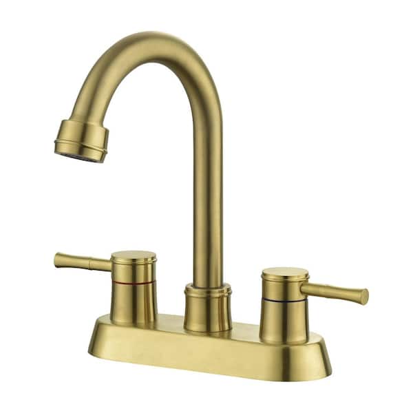 Lukvuzo Lead-Free 4 in. Centerset Double Handle High Arc Bathroom Faucet with Copper Drain Kit Included in Brushed Gold