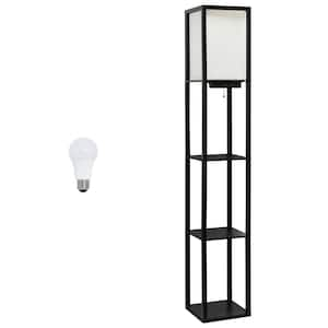 62.5 in. Black Modern 3-Tier Column Floor Lamp with Charging Ports and Outlet for Living Room with LED Bulb Included