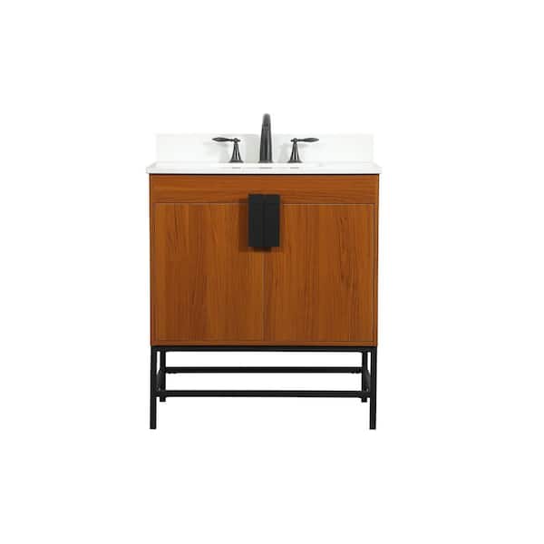 Unbranded Simply Living 30 in. W x 19 in. D x 33.5 in. H Bath Vanity in Teak with Ivory White Engineered Marble Top