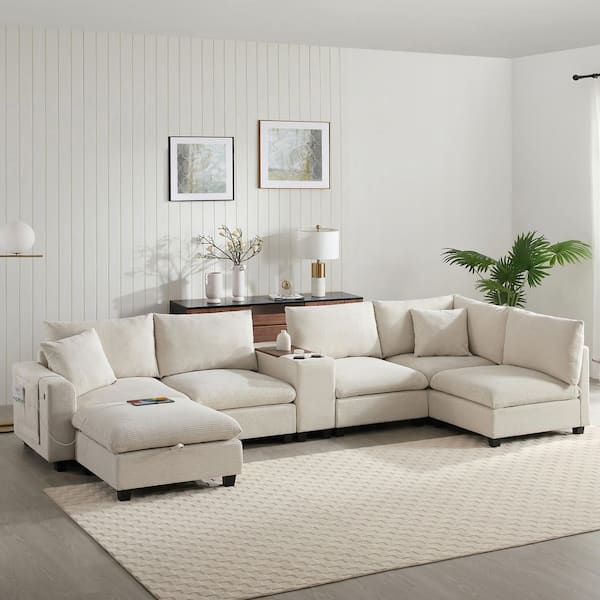 140 in. U Shaped Chenille 6 Seat Sectional Sofa in Beige with Movable Storage Ottoman, Cup Holder, USB Charger