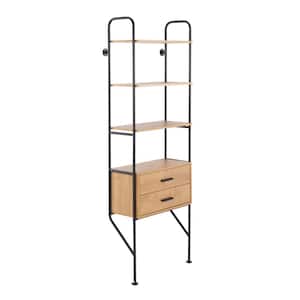 Lean 74.75 in. Black Steel and Wood 3-Shelf Wall Mounted Bookcase with 2-Drawers