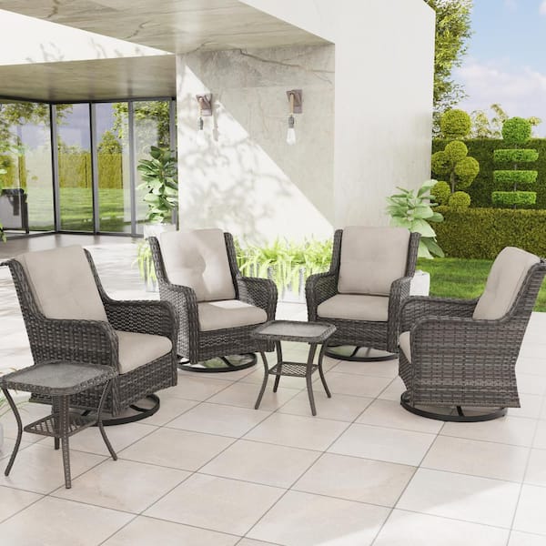 JOYSIDE 6-Piece Wicker Patio Conversation Set with All-Weather Swivel Rocking Chairs Beige Cushions