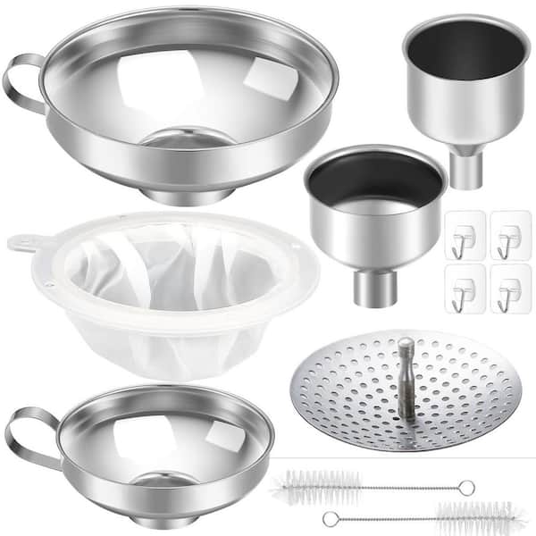 12Pcs Metal Canning Funnels Set, Stainless Steel Kitchen Filter with Strainer, Mesh Filter Brushes and Adhesive Hooks