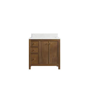 Chicago Veneer 36 in. W x 22 in. D x 36 in. H Right Sink Bath Vanity in Dark Natural with 1.5" Calacatta Laza Qt. Top