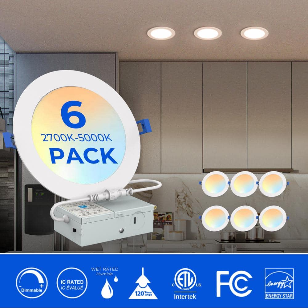 Ultra thin 6 in. Adjustable White 5CCT New Construction 110-Watt Equivalent Canless LED Recessed Lighting Kit (6-Pack) - N/A