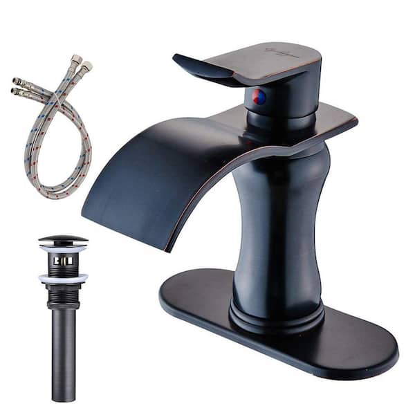 Unbranded Waterfall Single Hole 3 Hole Single-Handle Bathroom Faucet with Deckplate and Pop-up Drain Assembly in Oil Rubbed Bronze
