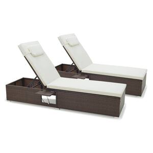 2-Piece Metal Outdoor Chaise Lounge with White Cushions and Headrest