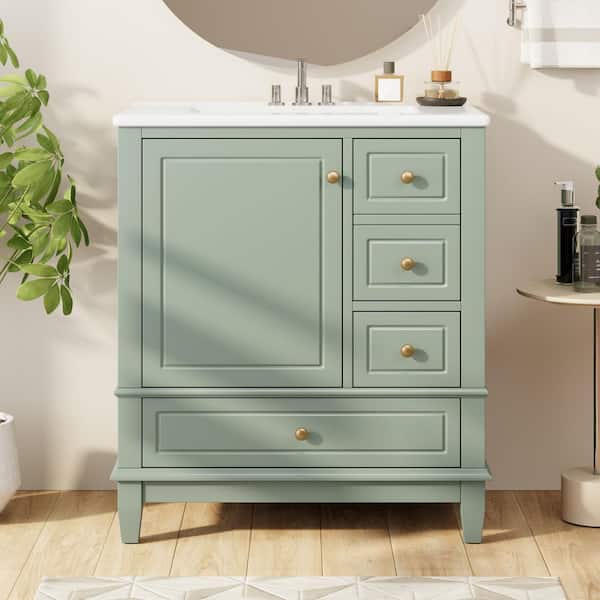 30 in. Freestanding Light Green Bath Vanity with Ceramic Top Sink and Shelf, 3-Drawers