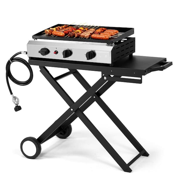 3 Burner Foldable Portable Propane Grill in Black Rolling Flat Top Gas Grill with Wheels for Outdoor Cooking Camping