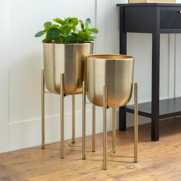 22 in., and 19 in. Large Gold Metal Indoor Outdoor Dome Planter with Removable Stand (2- Pack)