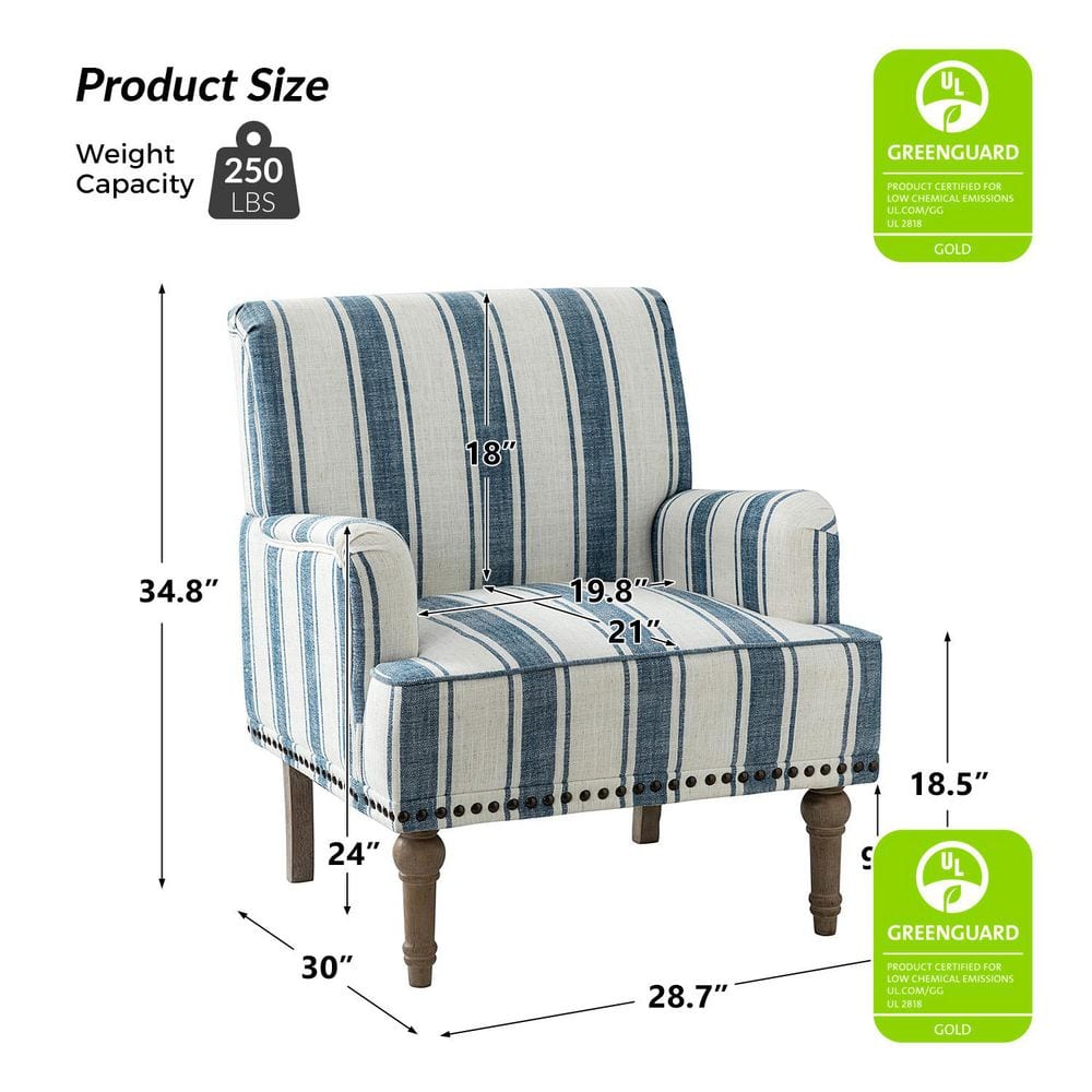 Navy and White Striped Polyester Accent Chair with Wooden Legs