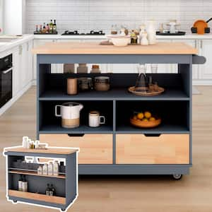 Blue Rolling Solid Rubber Wood Tabletop 46 in. Kitchen Island with Drawers and Shelves