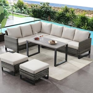 Valenta Gray 5-Piece Wicker Outdoor Dining Set with Beige Cushions