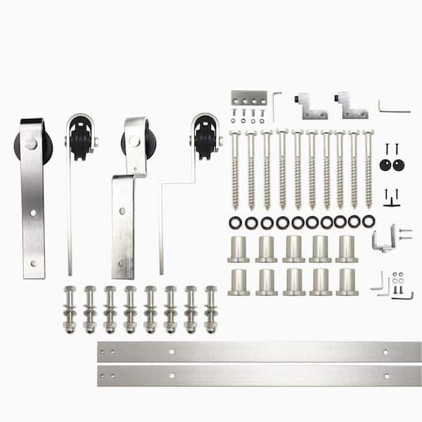 HOMACER 14 ft./168 in. Brushed Nickel Single Track Bypass Sliding Barn Door Track and Hardware Kit for Double Doors