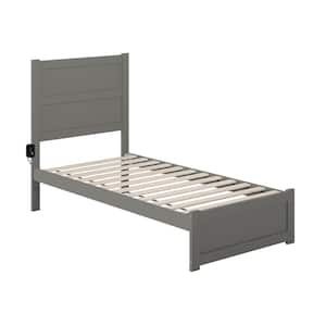 NoHo 38-1/4 in. W Grey Twin Size Solid Wood Frame with Footboard and Attachable USB Device Charger Platform Bed