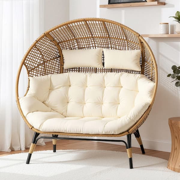 Oversized 2-Person PE Wicker Indoor/Outdoor Egg Lounge Chair Loveseat with Beige Cushion 680 lbs. Capacity