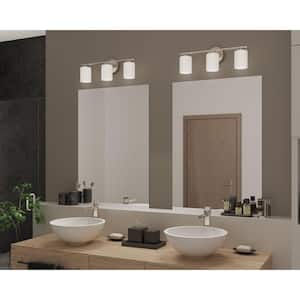 Replay Collection 22 in. 3-Light Brushed Nickel Etched White Glass Modern Bathroom Vanity Light