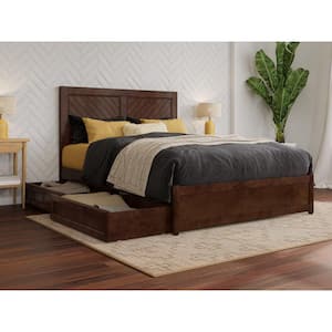 Clayton Walnut Brown Solid Wood Frame Full Platform Bed with Panel Footboard and Storage Drawers