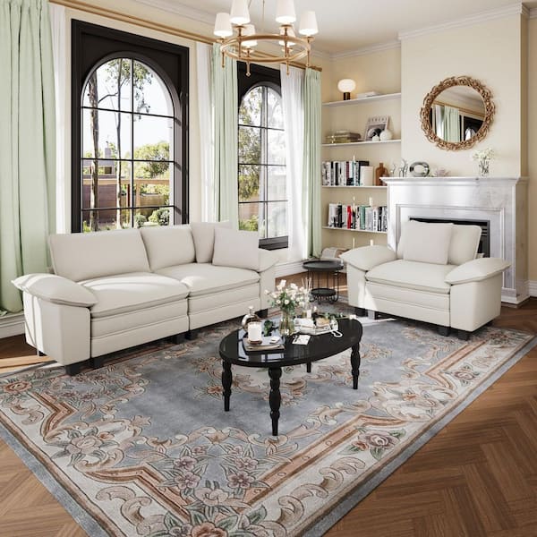 87.5 in. Flared Arm 3-Seat Chenille Modular Sectional Sofa in. Beige with Throw Pillows for Living Room