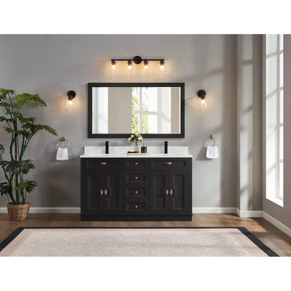 WS2516-60-TB 60 in. Double Sink Sink Vanity Tricorn Black Bath Vanity with White 1 in. Artificial Stone Top