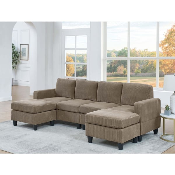Chief 101 in. Square Arm Corduroy U-Shaped Sectional Sofa in Brown with 2 Ottomans, Camel