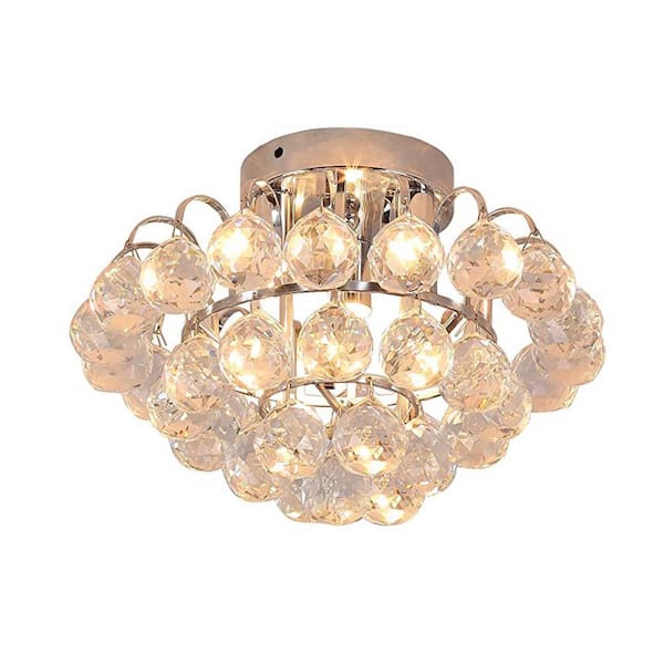 LamQee 11.8 in. 2 Light Golden Semi-Flush Mount Modern Chandelier with Crystal Hanging Raindrops