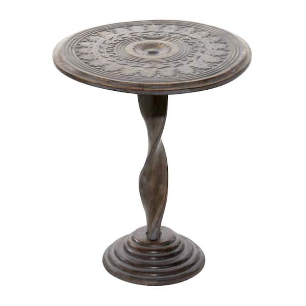 Litton Lane 18 in. Brown Handmade Intricately Carved Floral Large Round  Wood End Table with Spiral Leg and Elevated Base 31888 The Home Depot