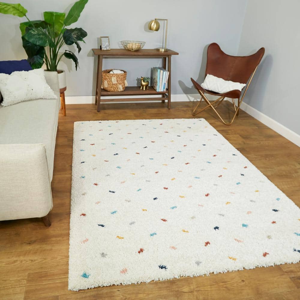 Cream and Multicolor Synthetic Shag Kids' Rectangular Area Rug 5' x 7'