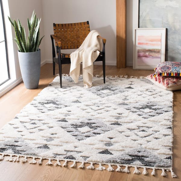 Moroccan Tassel Shag Ivory/Gray 5 ft. x 8 ft. High-Low Geometric Fringe Area Rug
