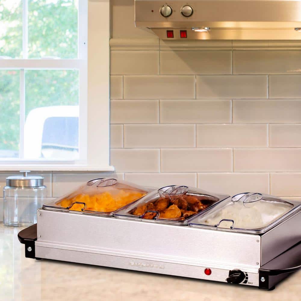 Silver Stainless Steel Electric Buffet Server with 3 Chafing Pans