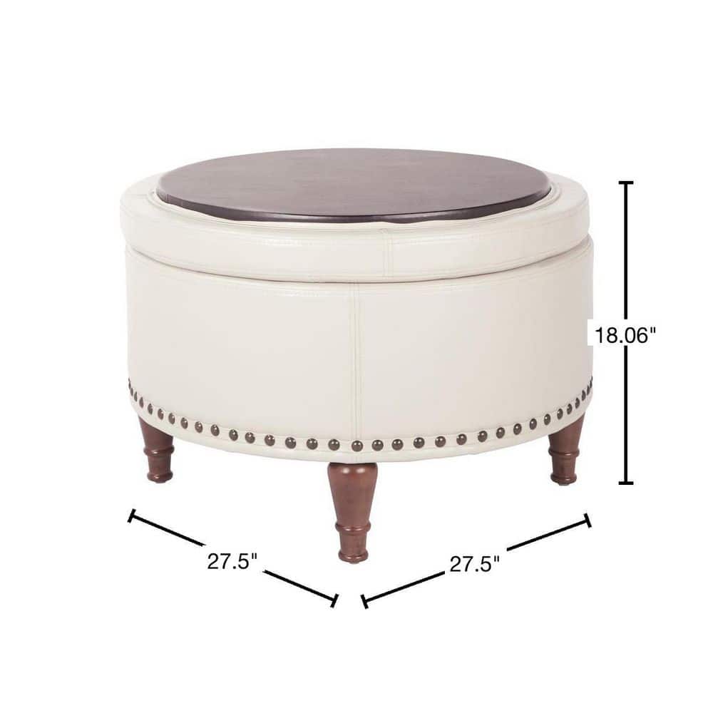 Alloway Cream Faux Leather Round Storage Ottoman with Antique Bronze Nailheads