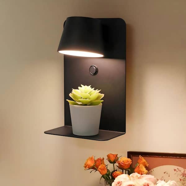 Modern 5.5 in. 1 Light Black LED Plug in Wall Sconces with TYPE-C and USB Charging ports and Shelf, Rotatable Lamphead