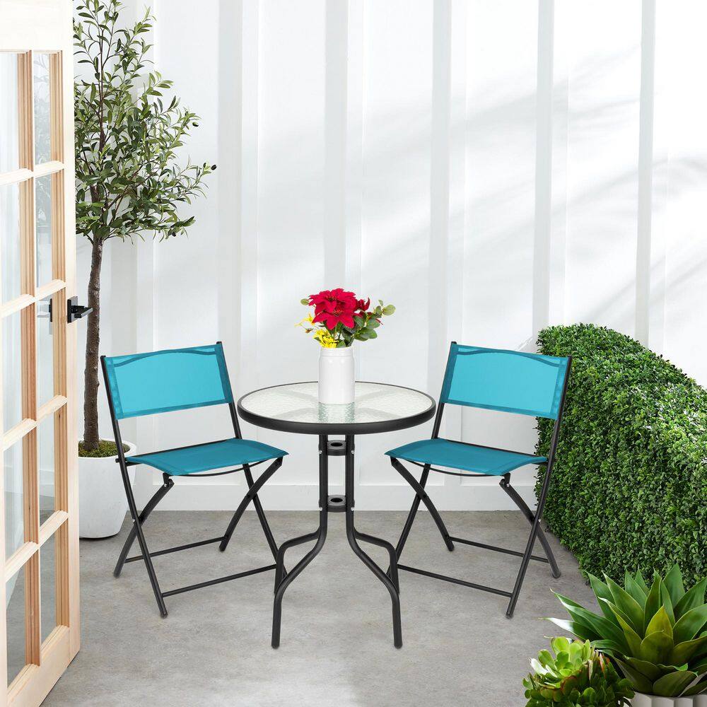 Peacock Blue 3-Piece Patio Bistro Set with Glass Tabletop
