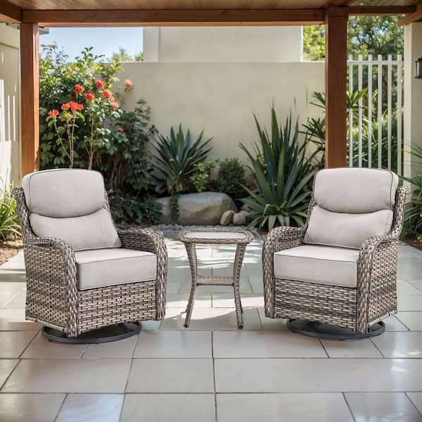 Arcadia Gray 3-Piece Wicker Swivel Rocker Patio Conversation Set with 6 in. Thick Beige Cushions and Side Table