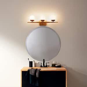 Jasper 24.5 in. 3-Light Natural Brass Halogen Mid-Century Modern Bathroom Vanity Light with Etched Glass Shade