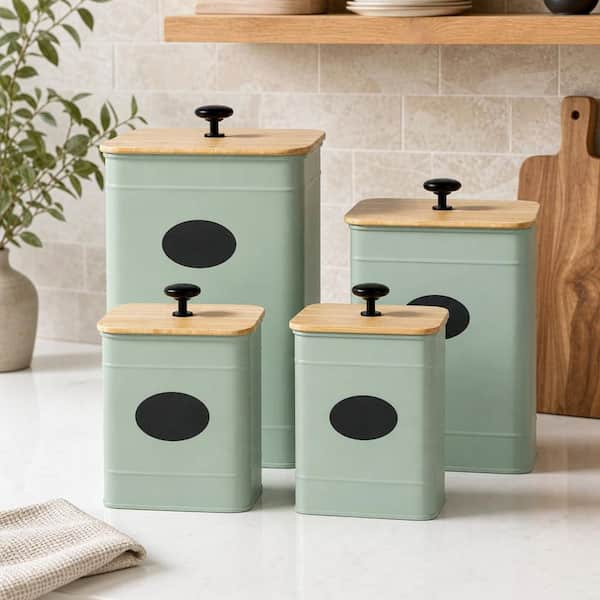 4-Piece Iron Kitchen Canisters with Customizable Chalkboard Labels and Marker Pen, Flour and Sugar Containers